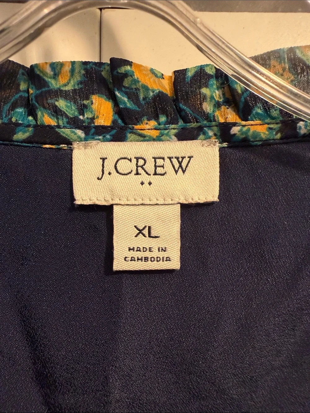 Navy + Yellow Short Sleeve J. Crew Blouse, size XL